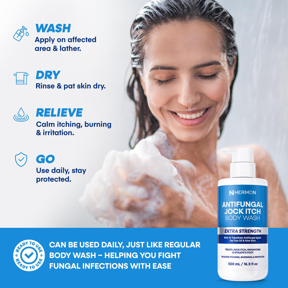 Hermon Antifungal Body Wash back-chest-feet-use shows versatile application areas