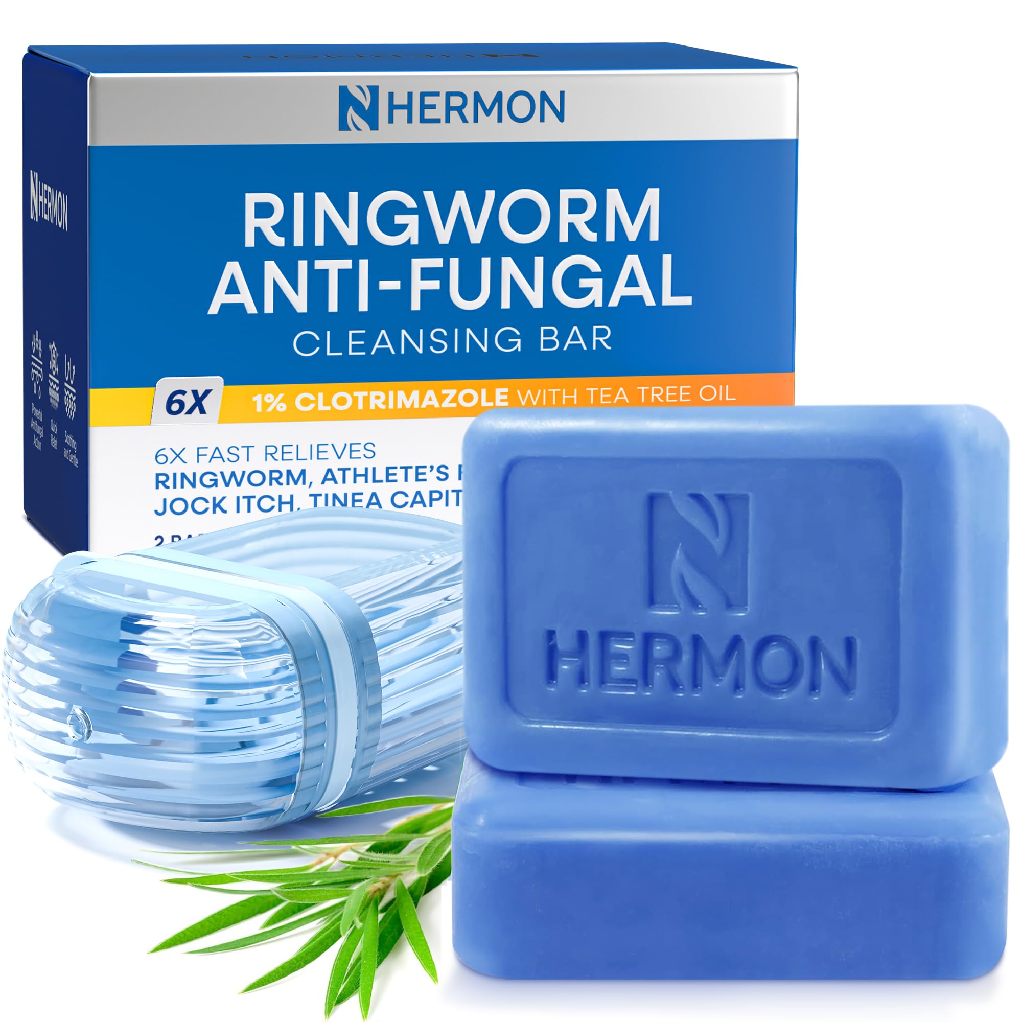 Hermon antifungal cleansing soap packaging illustrates a two-pack for daily ringworm care.