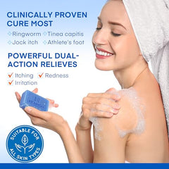 Hermon tea tree oil cleansing bar close-up highlights botanical cleansing action.