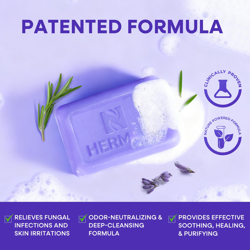 Lavender-scented lather with tea tree oils calms and cleanses the skin.