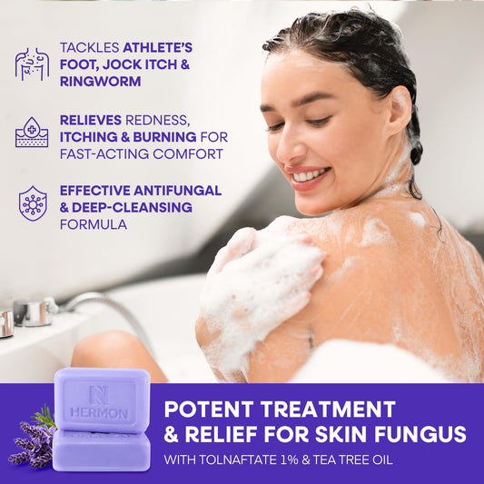 Close-up of Hermon soap highlighting tea tree oil and lavender benefits.