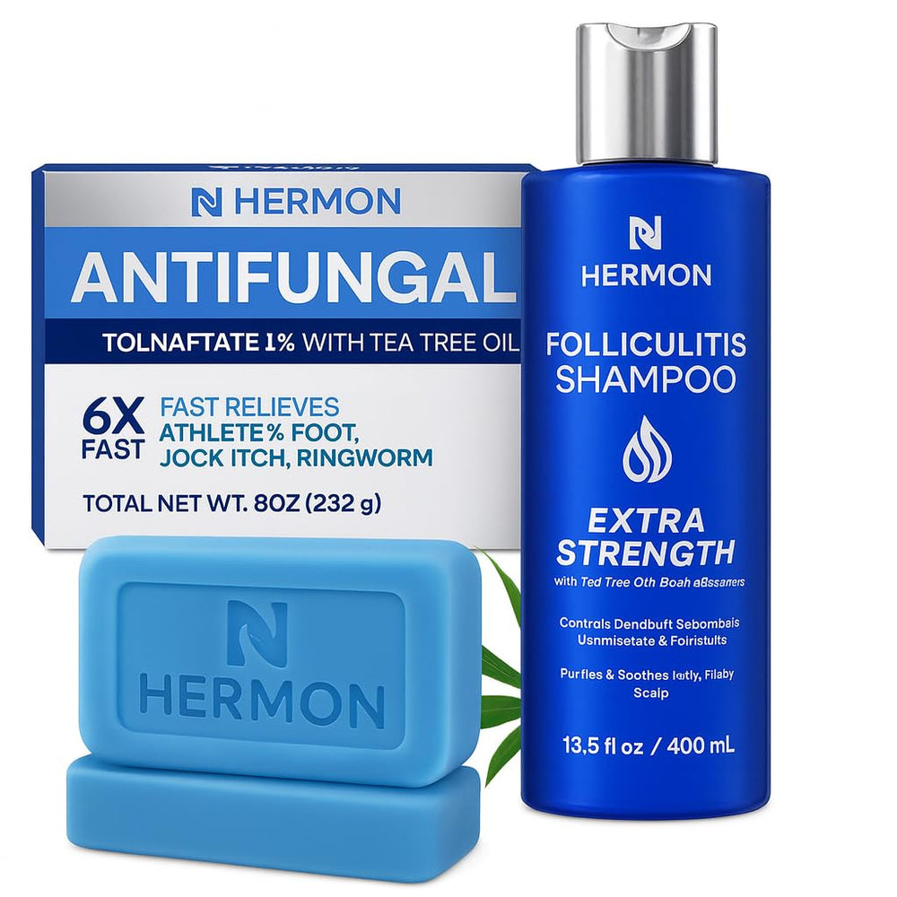Hermon Folliculitis Shampoo bottle close-up showing scalp care focus and cleansing action.