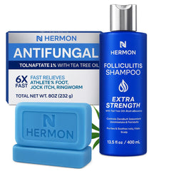 Hermon Folliculitis Shampoo bottle close-up showing scalp care focus and cleansing action.