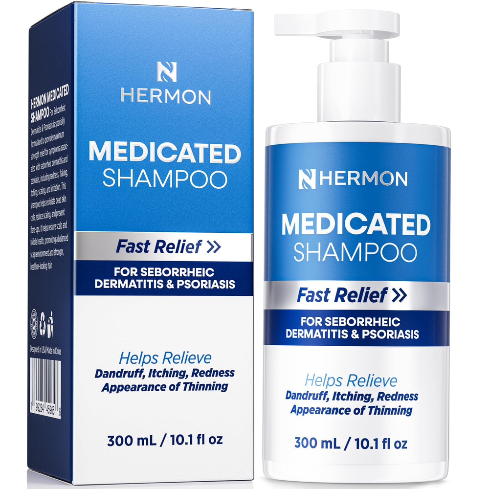 Hermon medicated shampoo bottle with zinc pyrithione for scalp relief and flakes control.