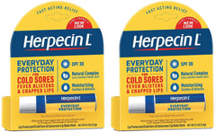 Herpecin-L lip balm SPF 30 packaging shows a convenient 2-pack for travel hydration.