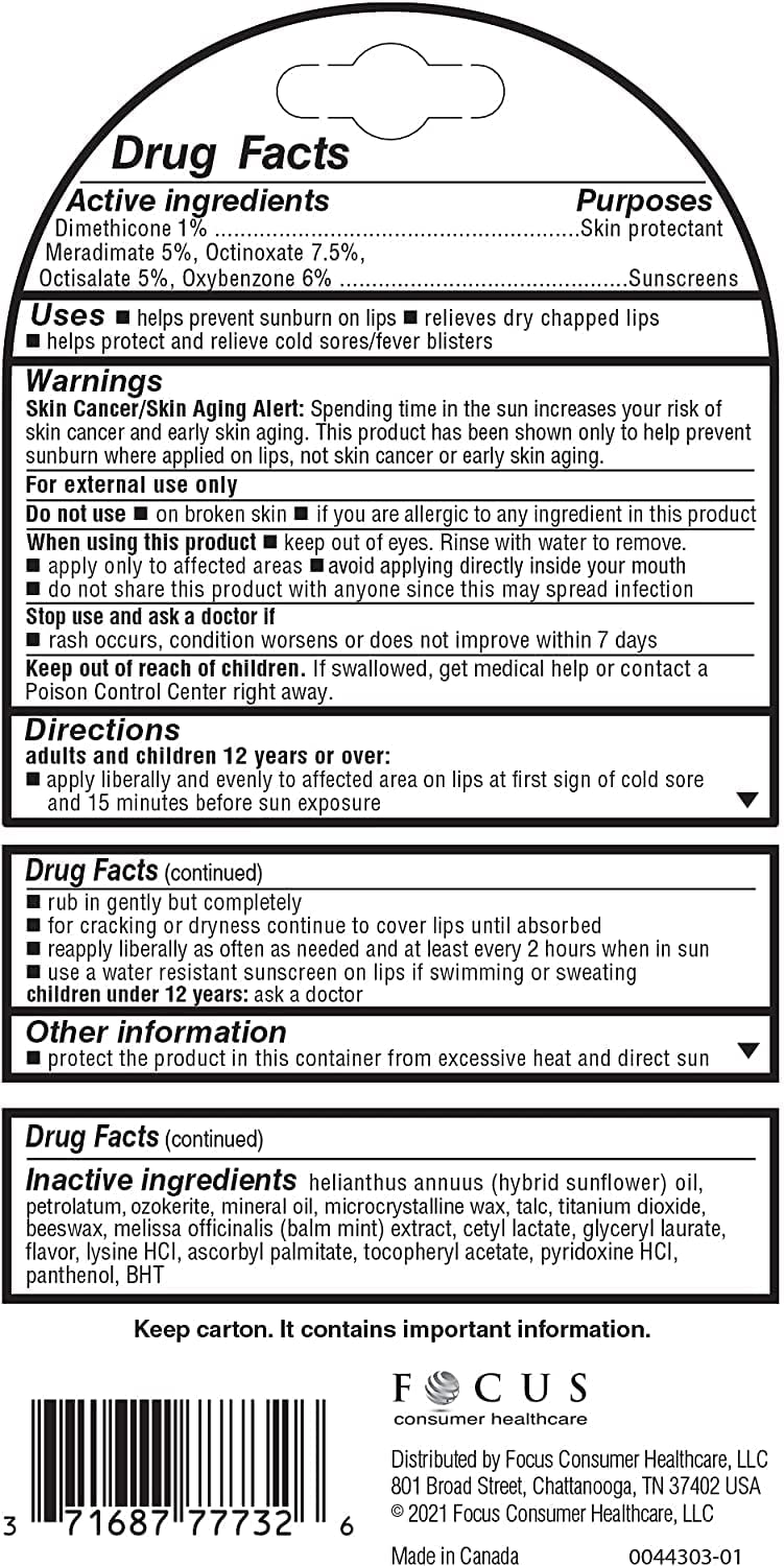 Herpecin-L SPF 30 lip protectant label highlights ingredients and usage for protection.