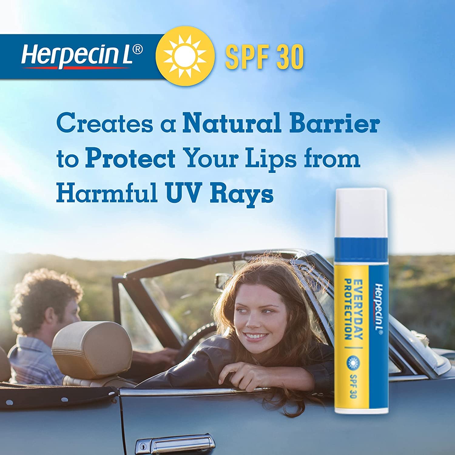 Close-up of Herpecin-L SPF30 lip balm applying soothing hydration.