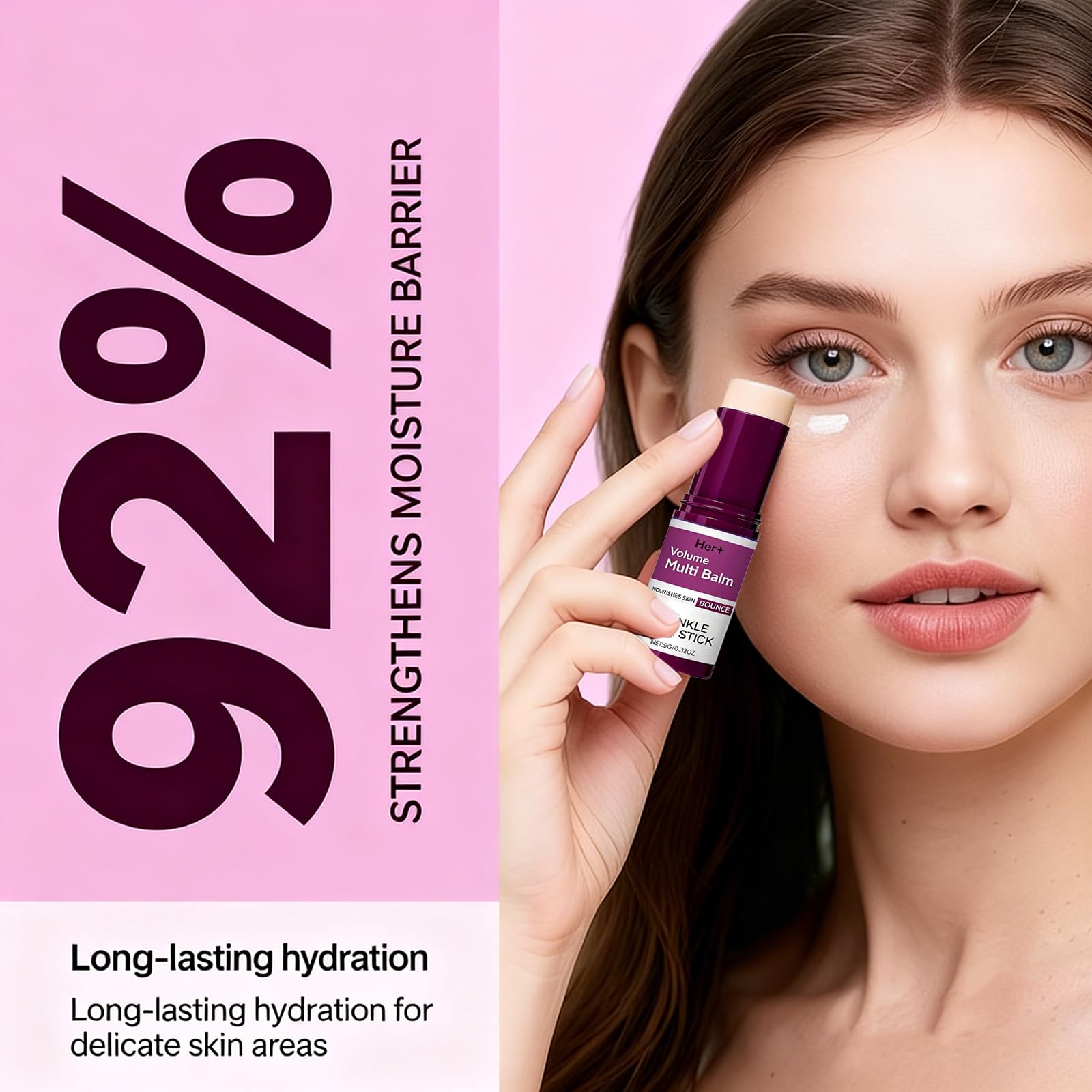 Her+ Calcium Multi Balm Stick on neck and décolletage for hydration.