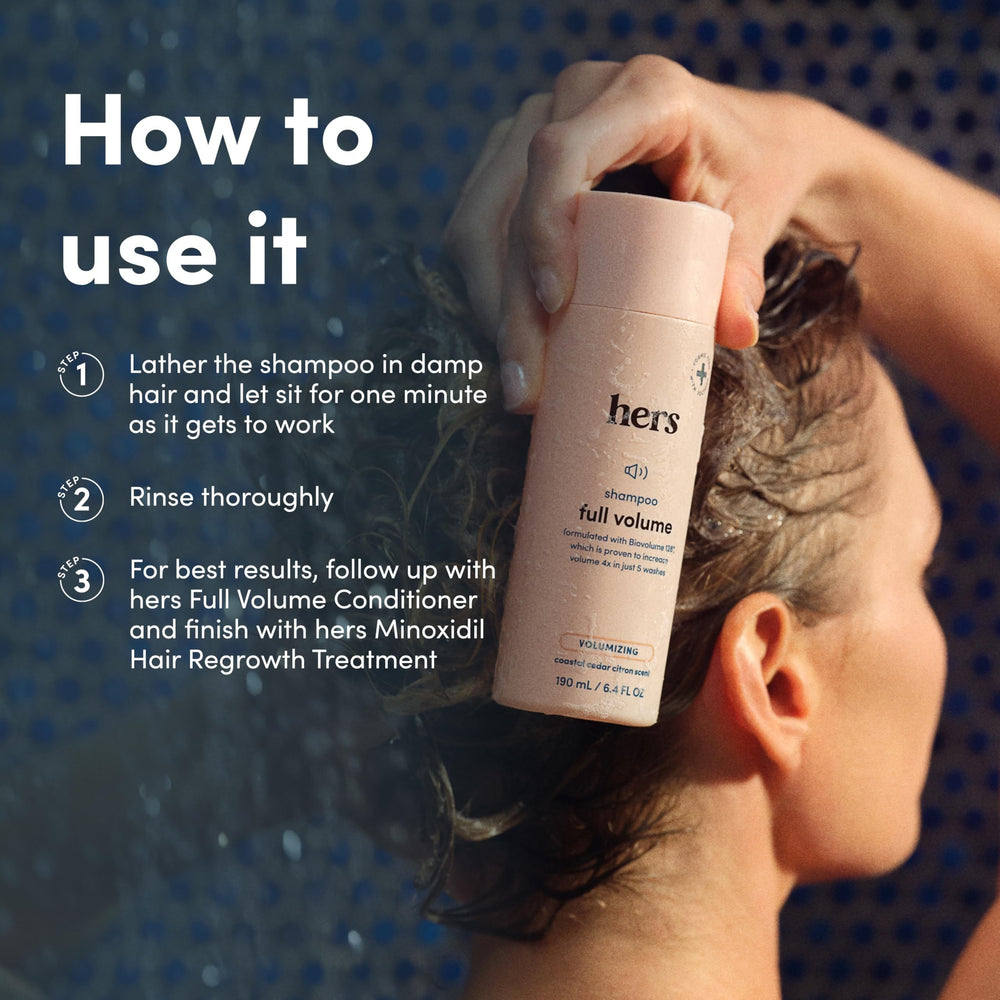 hers Full Volume Shampoo daily-use routine step on a shower shelf