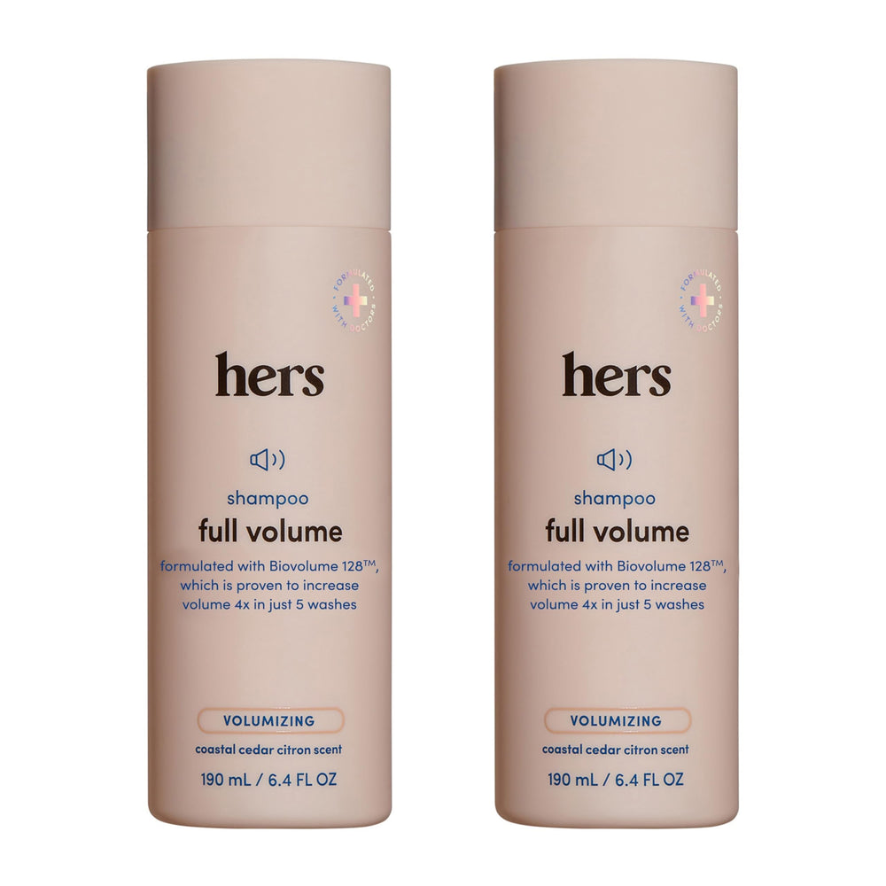 hers Full Volume Shampoo bottle highlighting rice protein for fuller-looking hair