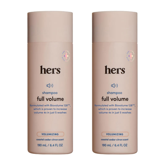 hers Full Volume Shampoo bottle highlighting rice protein for fuller-looking hair