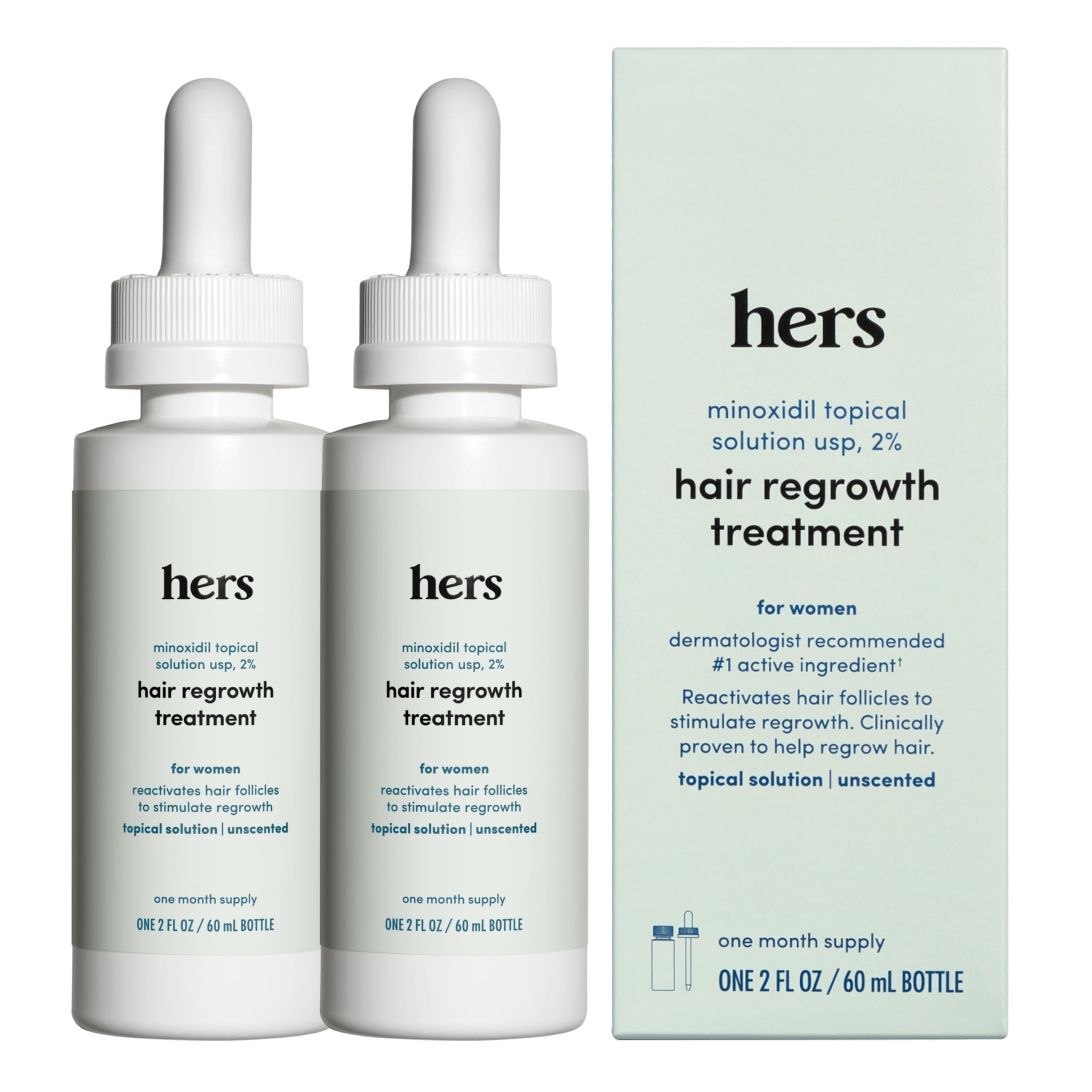 hers Hair Regrowth Treatment bottle for daily scalp application to support fuller look