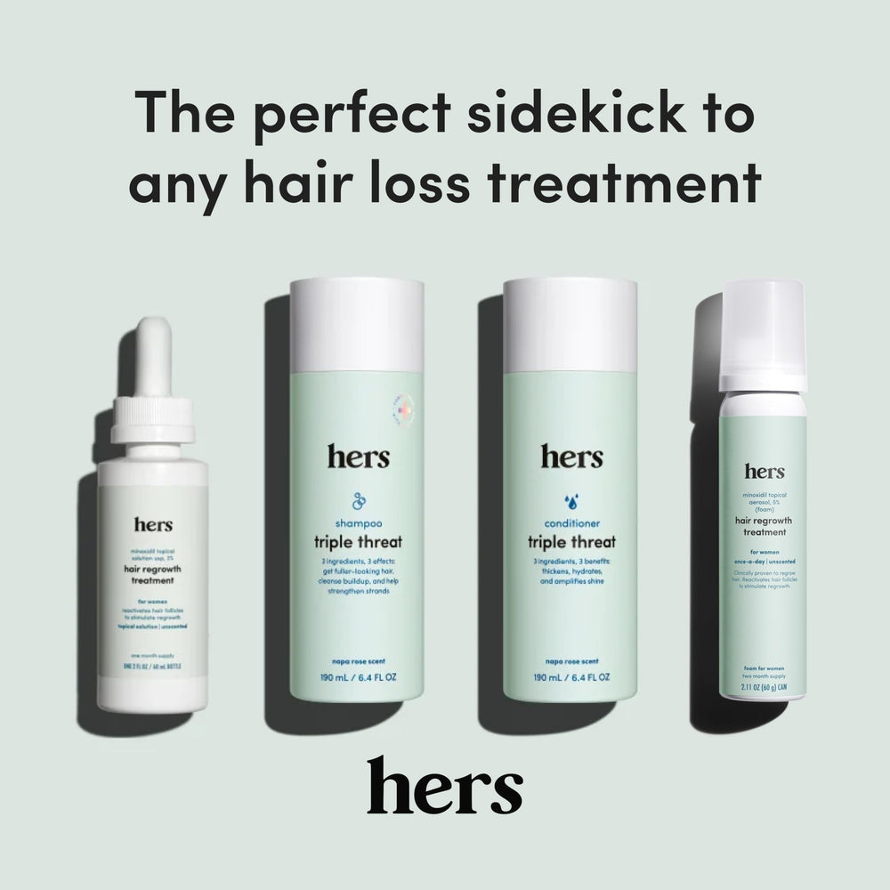 hers Triple Threat Shampoo two-pack packaging signals value