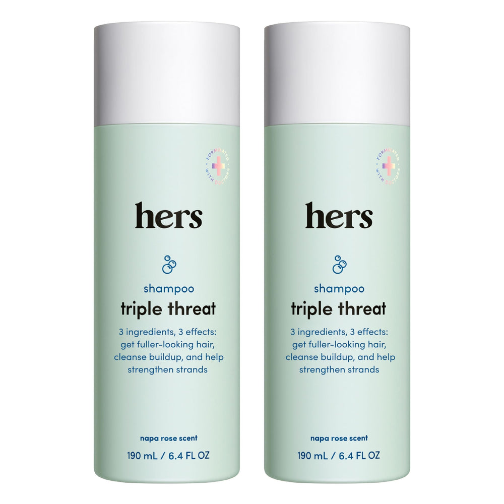 hers Triple Threat Shampoo bottle front view emphasizes volumizing potential