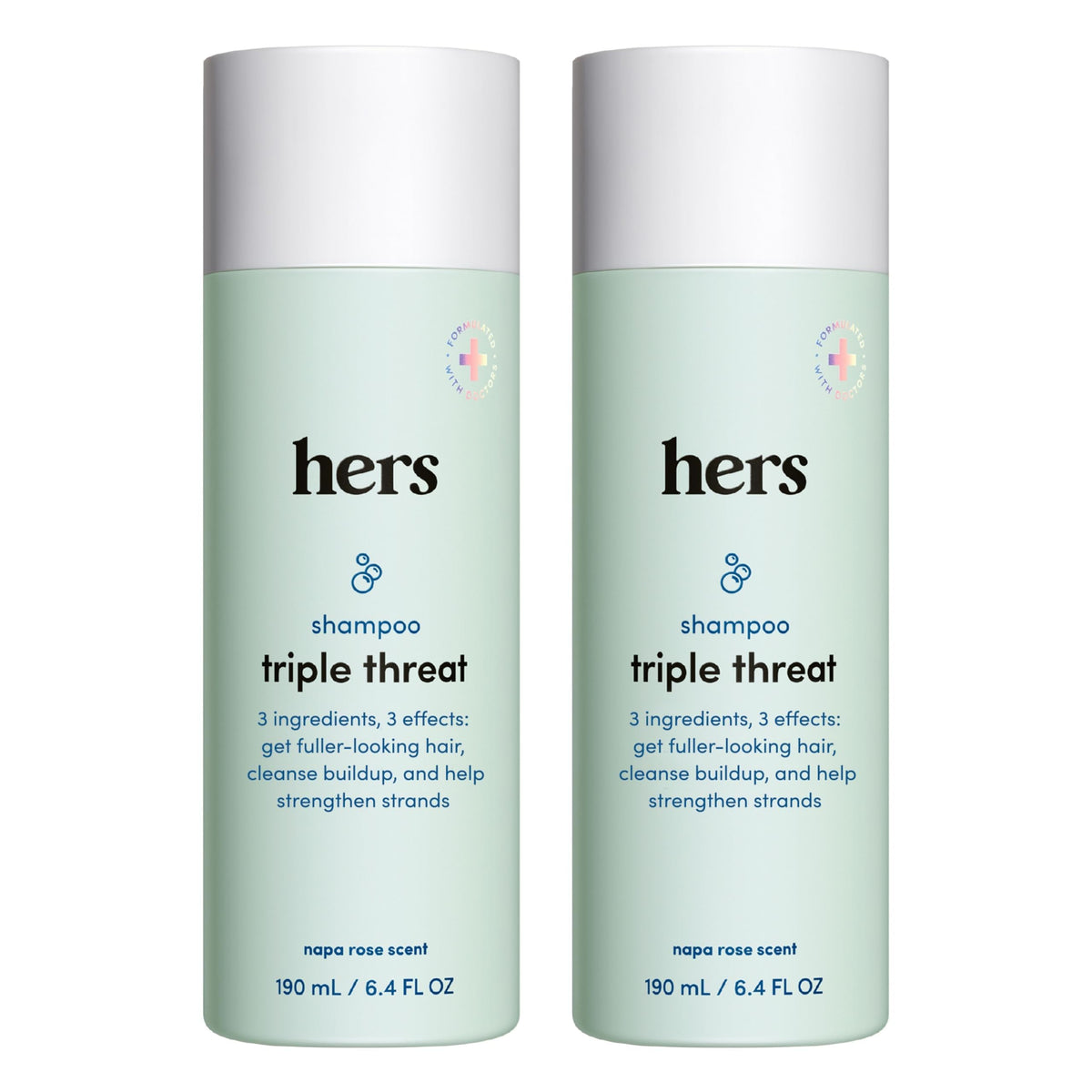 hers Triple Threat Shampoo bottle front view emphasizes volumizing potential