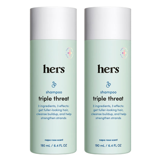 hers Triple Threat Shampoo bottle front view emphasizes volumizing potential