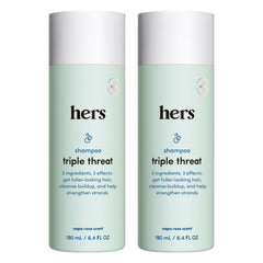hers Triple Threat Shampoo bottle front view emphasizes volumizing potential