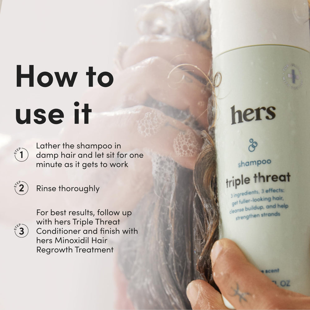 hers Triple Threat Shampoo color-safe bottle suitable for color-treated hair