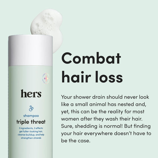 hers Triple Threat Shampoo label close-up shows vegan, paraben-free identity