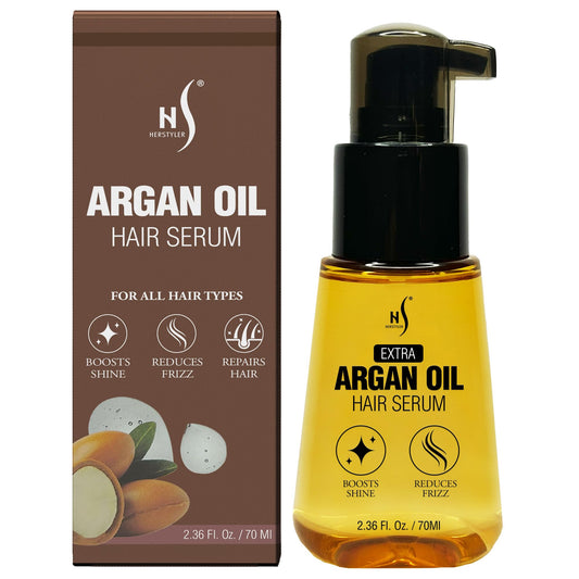 HerStyler Advanced Argan Oil Hair Serum bottle highlighting a nourishing formula.