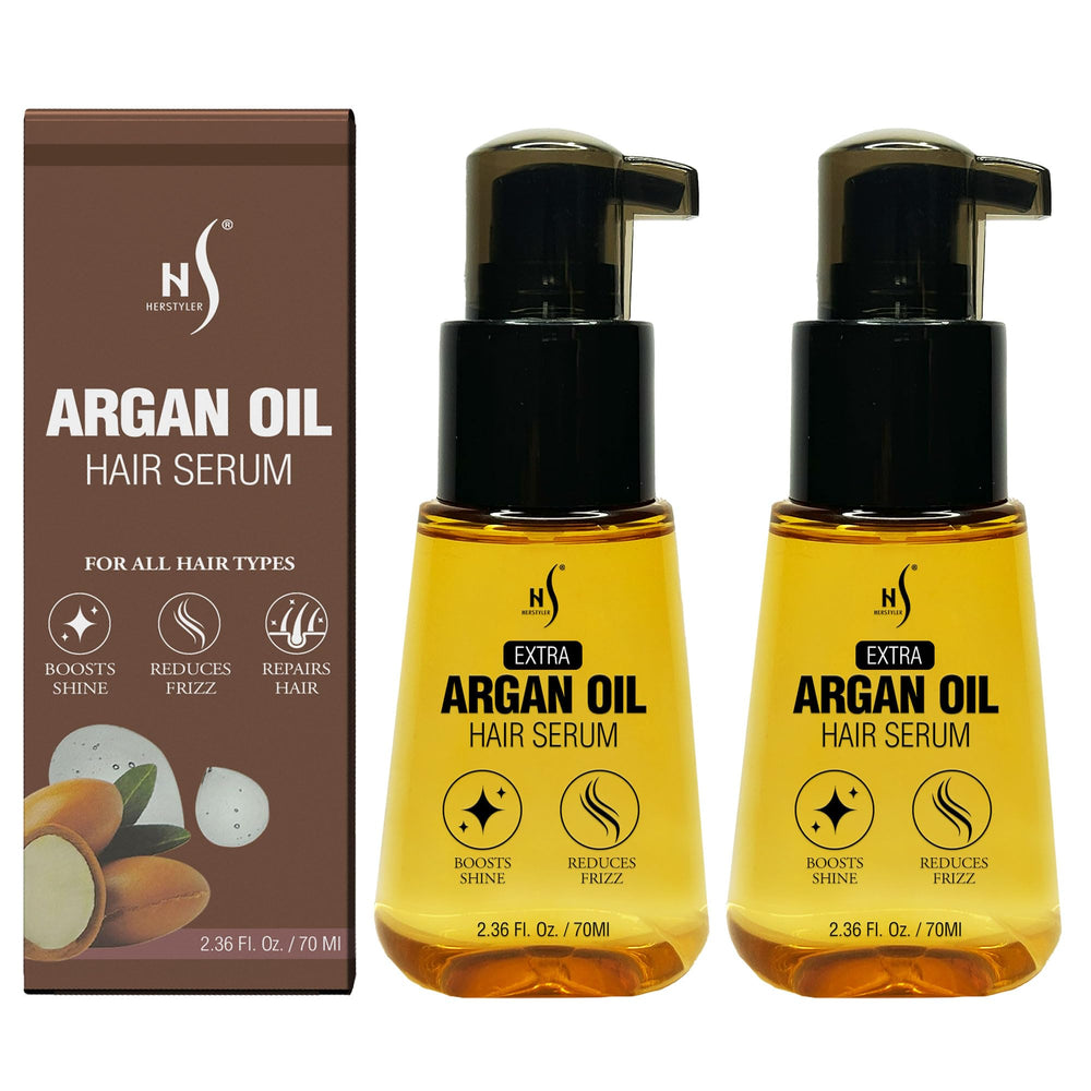 HerStyler Advanced Argan Oil Serum bottle closeup showing sleek packaging and frizz control benefits