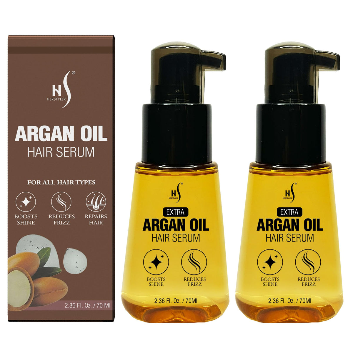 HerStyler Advanced Argan Oil Serum bottle closeup showing sleek packaging and frizz control benefits