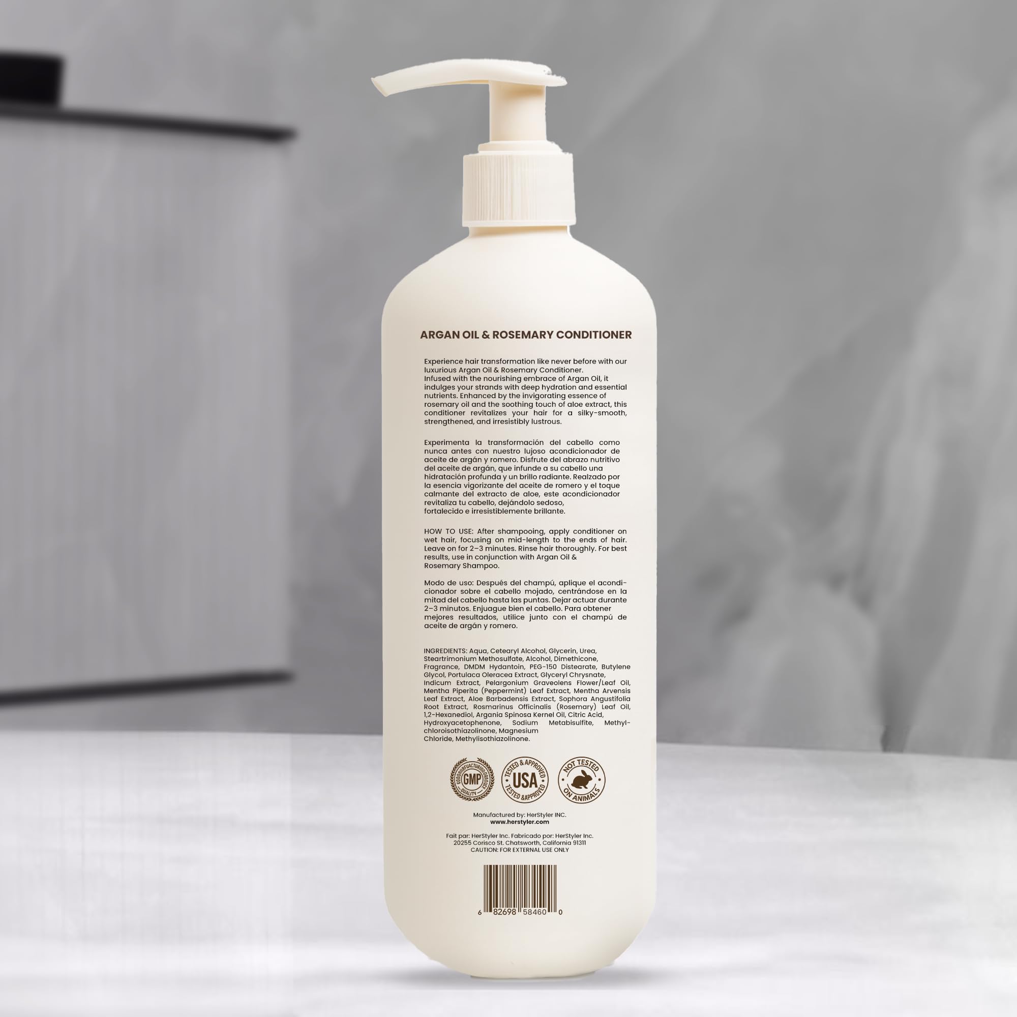 HerStyler Argan Oil Conditioner pump-dispense highlights easy, mess-free application.