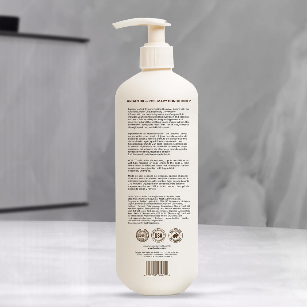 HerStyler Argan Oil Conditioner pump-dispense highlights easy, mess-free application.