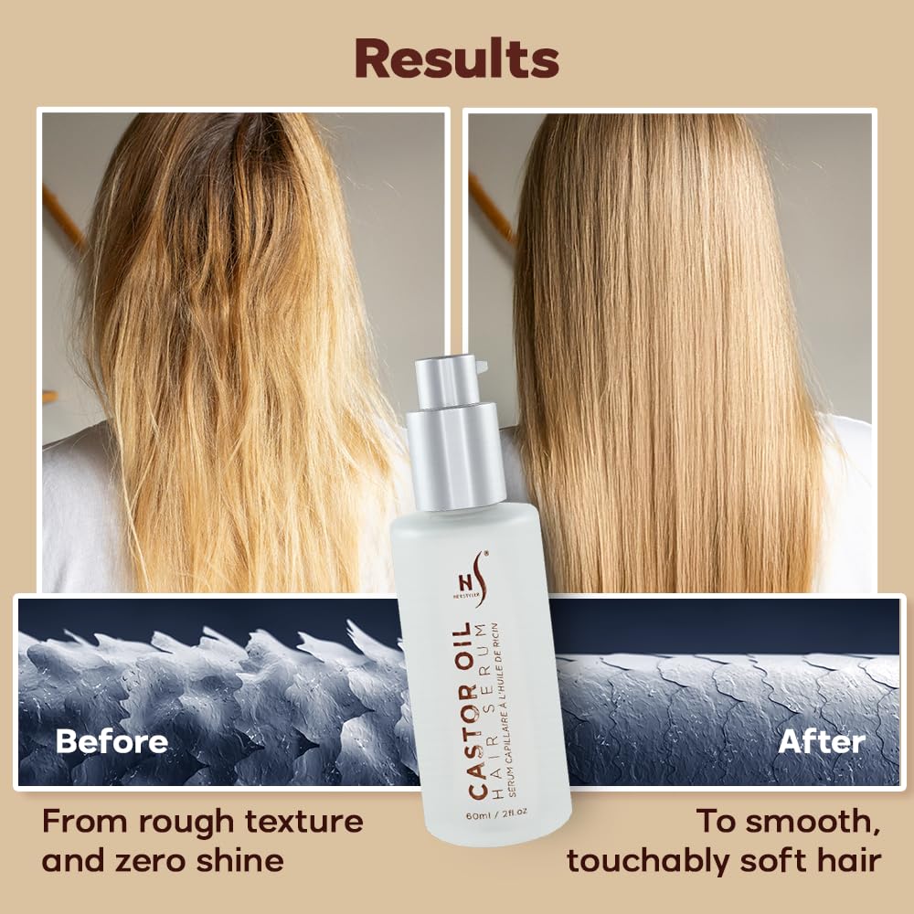 HerStyler Castor Oil Hair Serum applied on hair for silky shine.