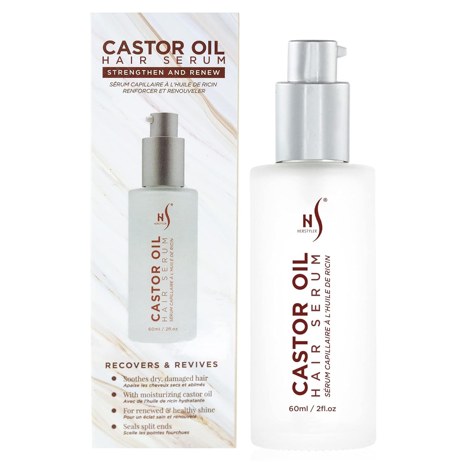 HerStyler Castor Oil Serum bottle closeup showing nourishing shine for silky hair.