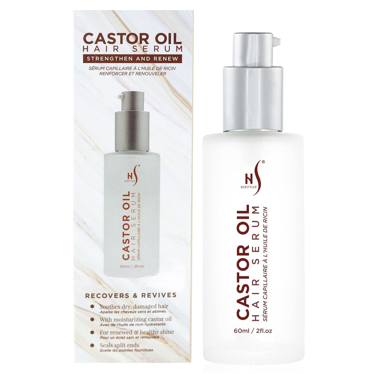 HerStyler Castor Oil Serum bottle closeup showing nourishing shine for silky hair.