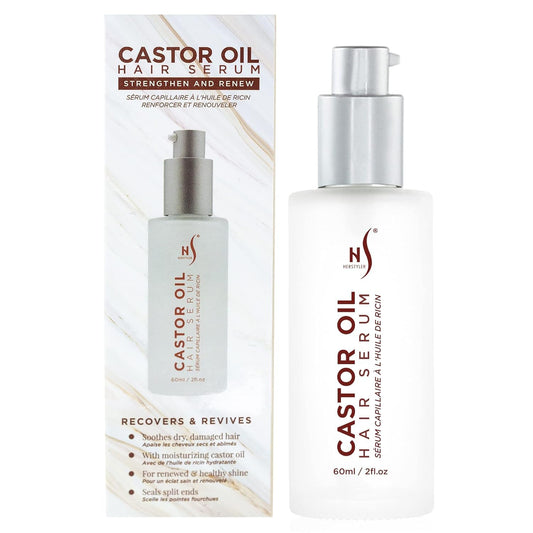 HerStyler Castor Oil Serum bottle closeup showing nourishing shine for silky hair.