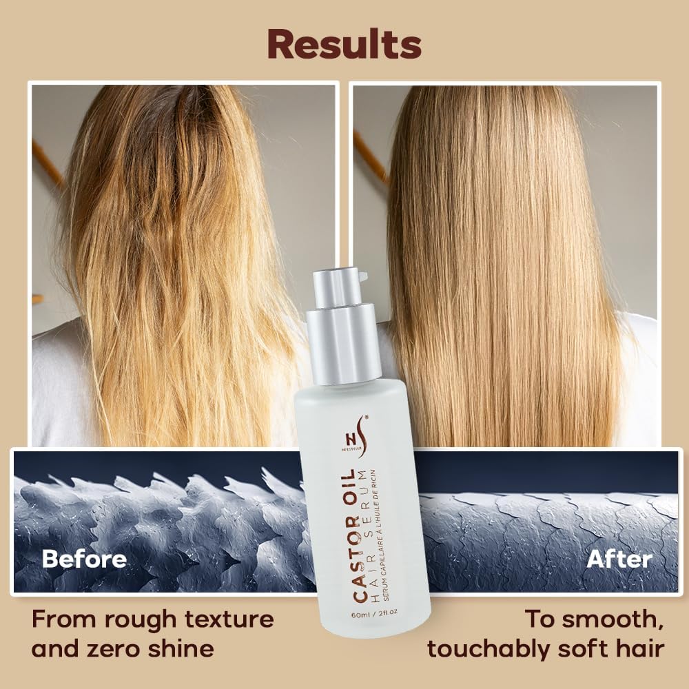 HerStyler Castor Oil Serum on towel-dried hair demonstrates quick-absorbing hydration.