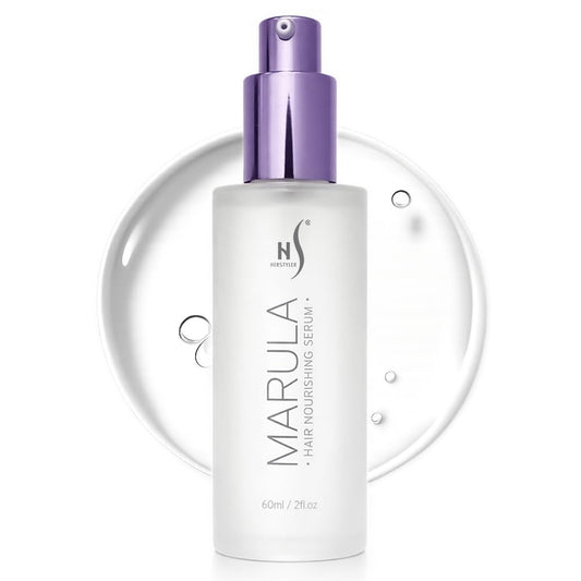 HerStyler Marula Oil Hair Serum bottle being poured to control frizz