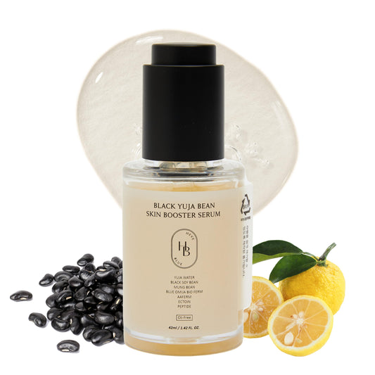 HEVEBLUE Black Yuja Bean Serum bottle highlighting rich yuja-bean hydration for the skin