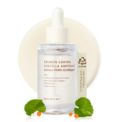 HEVEBLUE Salmon Caring Centella Ampoule bottle showing rich actives for calm skin.