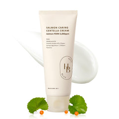 HEVEBLUE Salmon Caring Centella Cream bottle with pump for easy, hydrating skincare.
