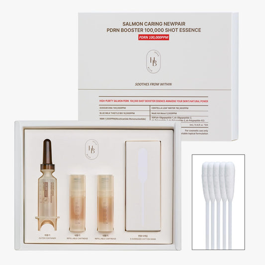 HEVEBLUE packaging close-up shows salmon centella essence bottle for easy at-home routine.
