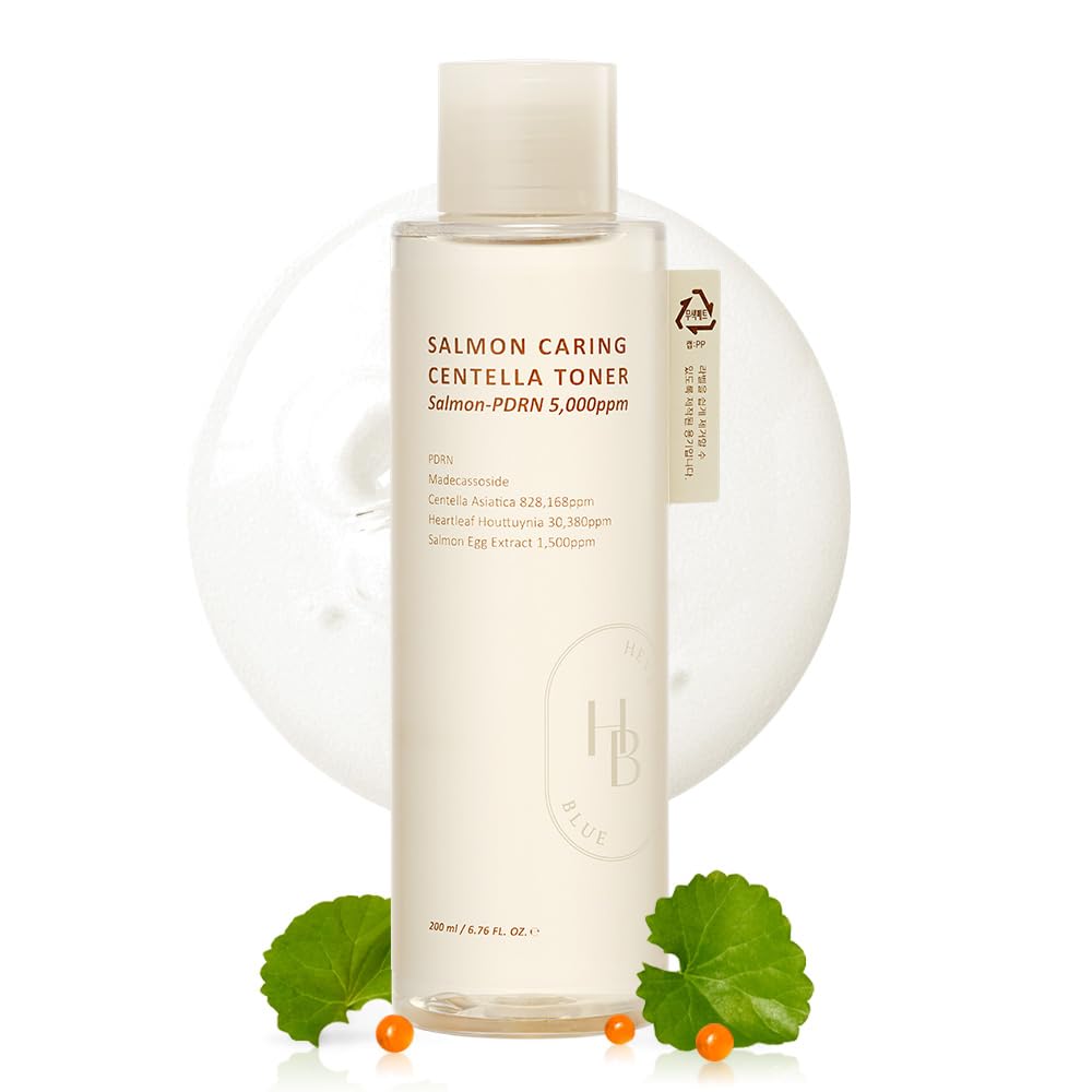 HEVEBLUE Salmon Caring Toner bottle close-up for balanced hydration