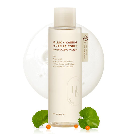 HEVEBLUE Salmon Caring Toner bottle close-up for balanced hydration