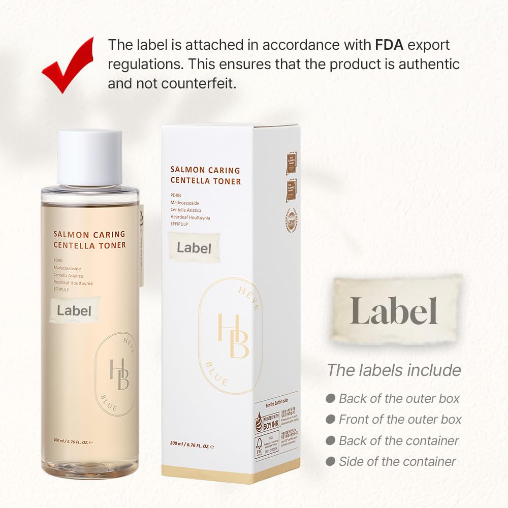 HEVEBLUE Salmon Caring Toner ingredients panel highlighting centella, madecassoside, and salmon extract