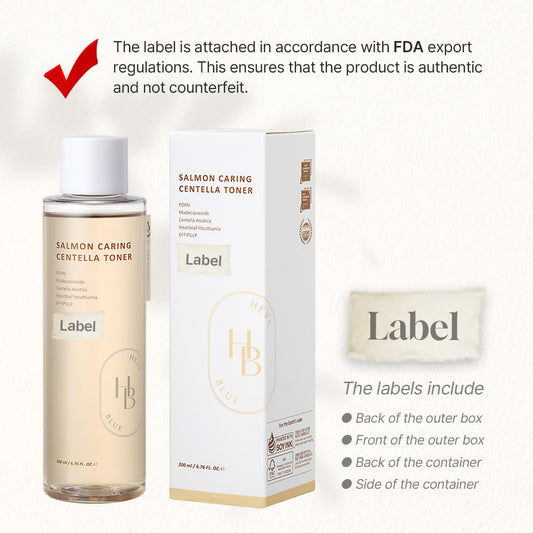 HEVEBLUE Salmon Caring Toner ingredients panel highlighting centella, madecassoside, and salmon extract