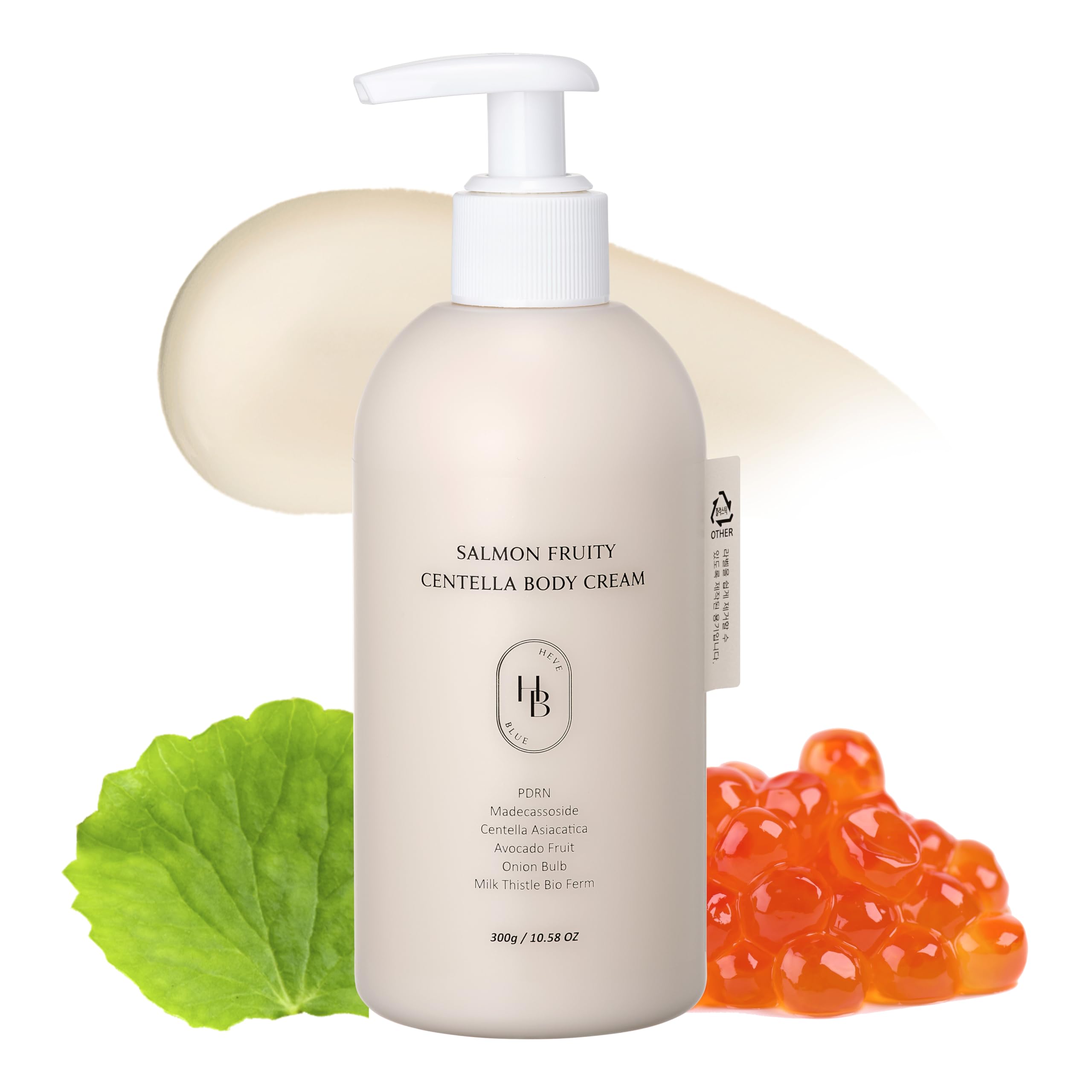 HEVEBLUE Salmon Fruity Centella Body Cream bottle highlights premium packaging for daily moisturizing.