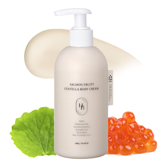 HEVEBLUE Salmon Fruity Centella Body Cream bottle highlights premium packaging for daily moisturizing.