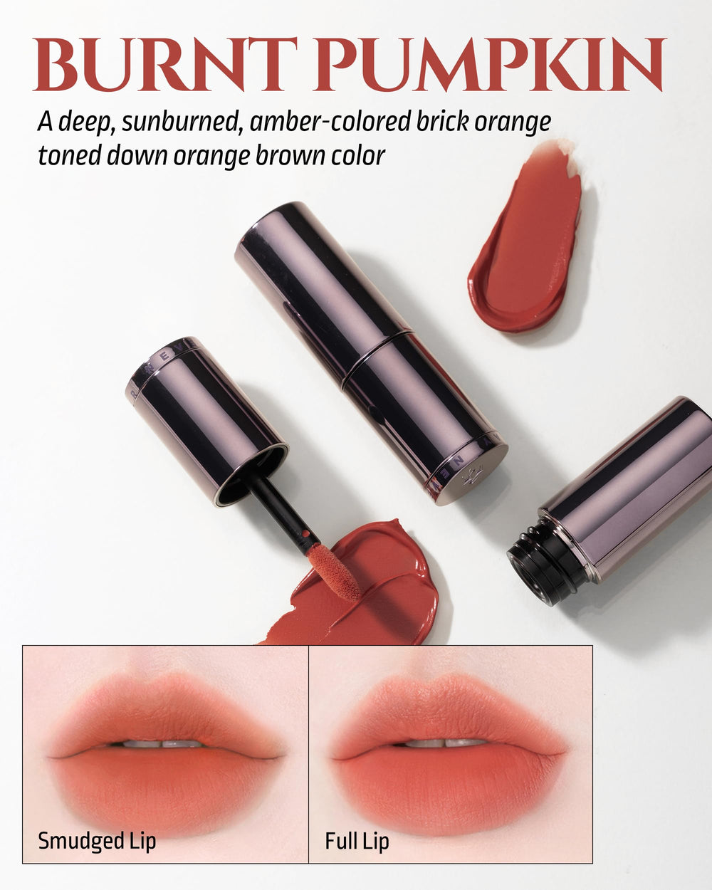 H HEVVY longwear lip tint in burnt-pumpkin stays vibrant through meals.