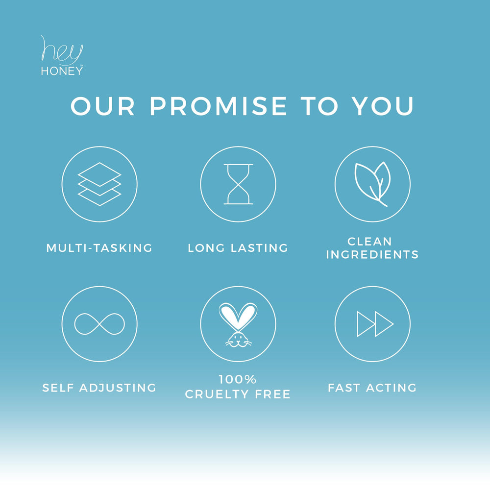 Hey Honey Be Clear ingredients label featuring skin-friendly, clean components.
