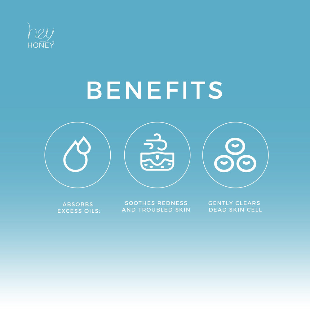 Hey Honey Be Clear kaolin exfoliating action image highlights gentle oil absorption.
