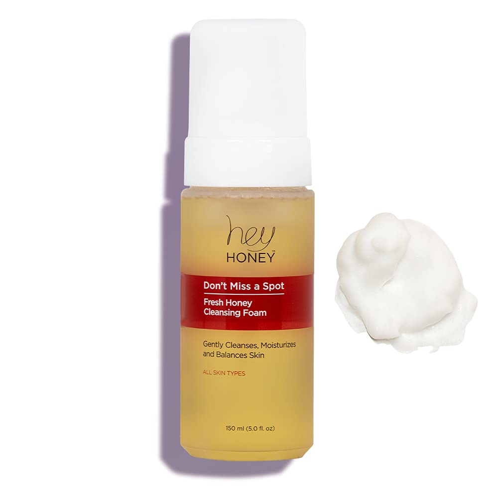 Hey Honey Don't Miss A Spot cleansing foam bottle front shows gentle daily cleanse