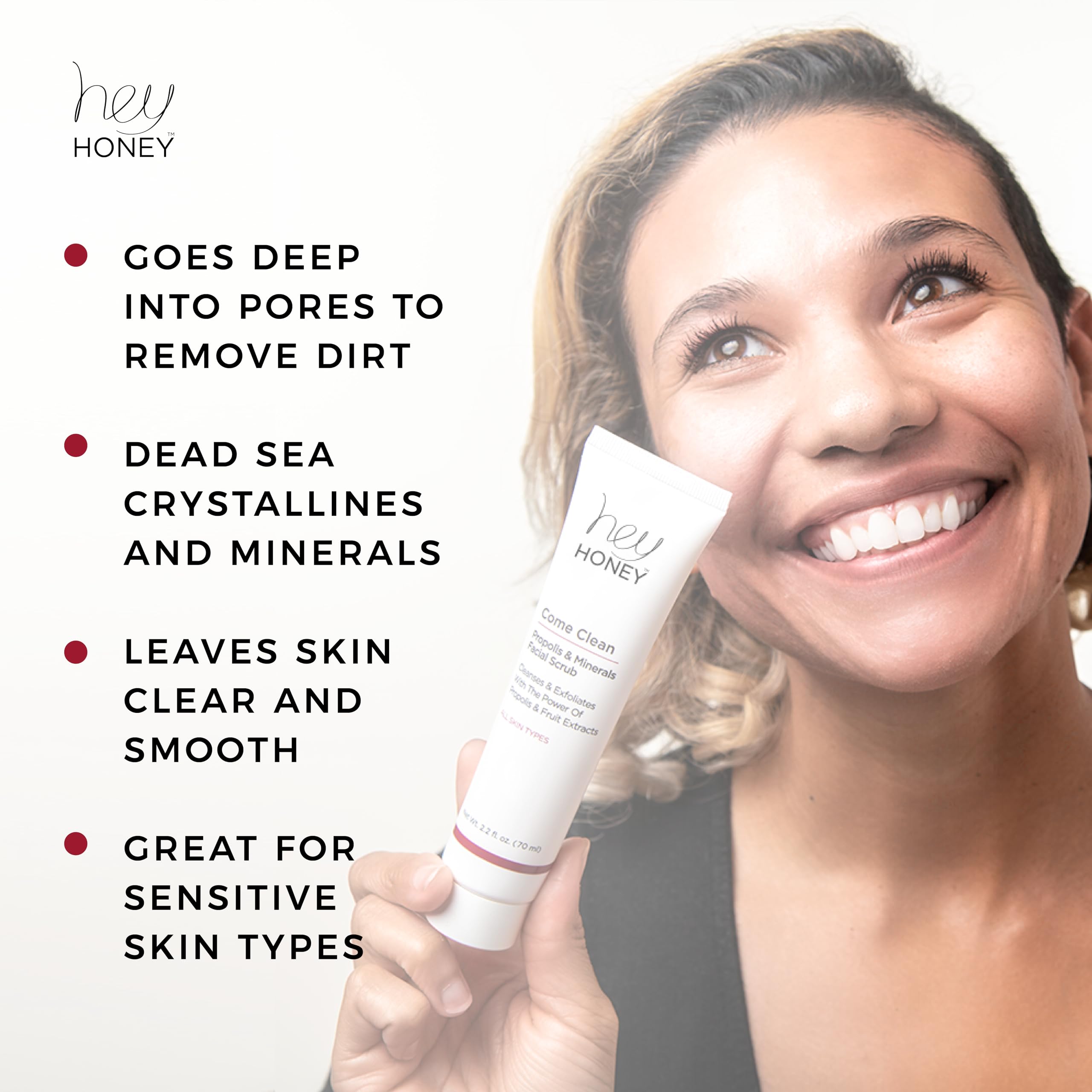 Hey Honey scrub texture close-up highlights delicate mineral-based exfoliation