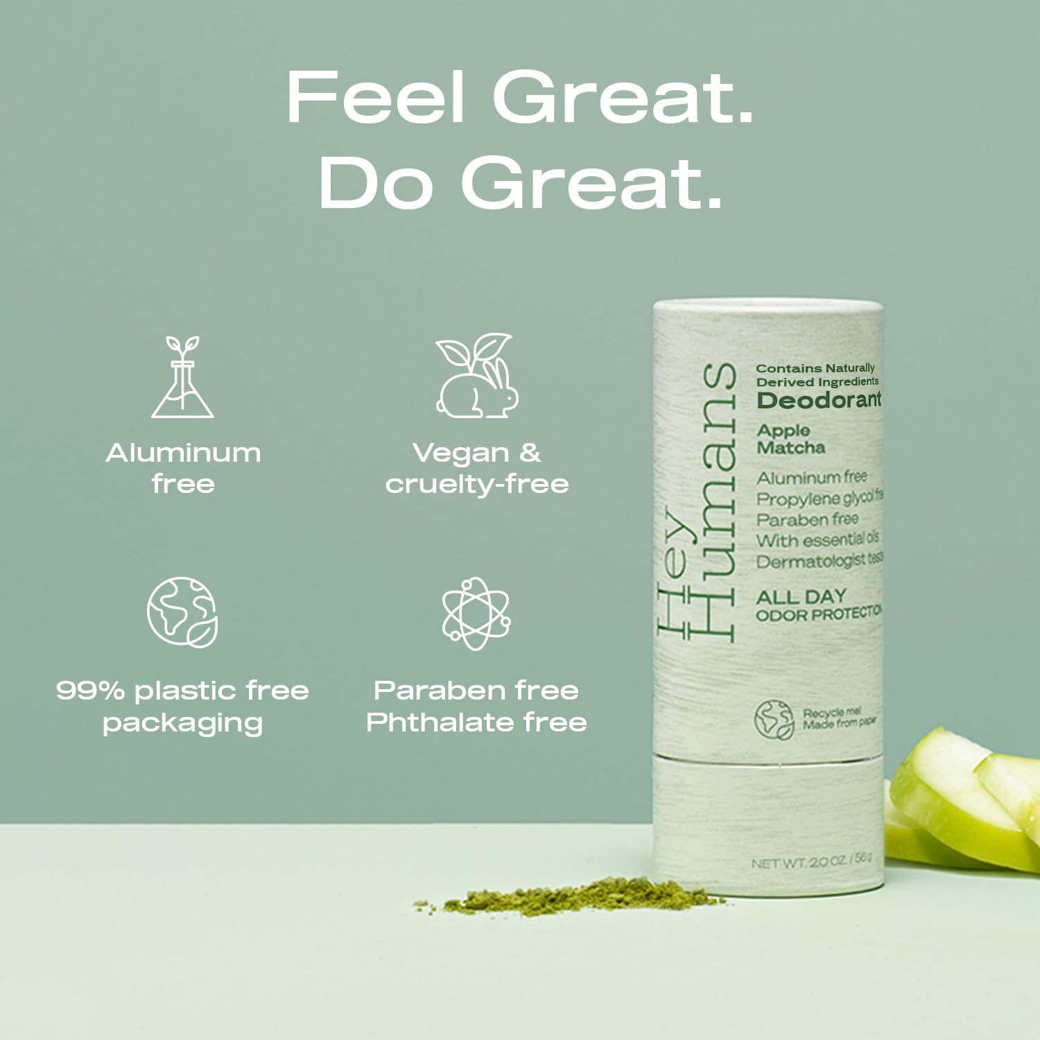 Hey Humans Apple Matcha packaging made from recyclable paper, eco-friendly design.